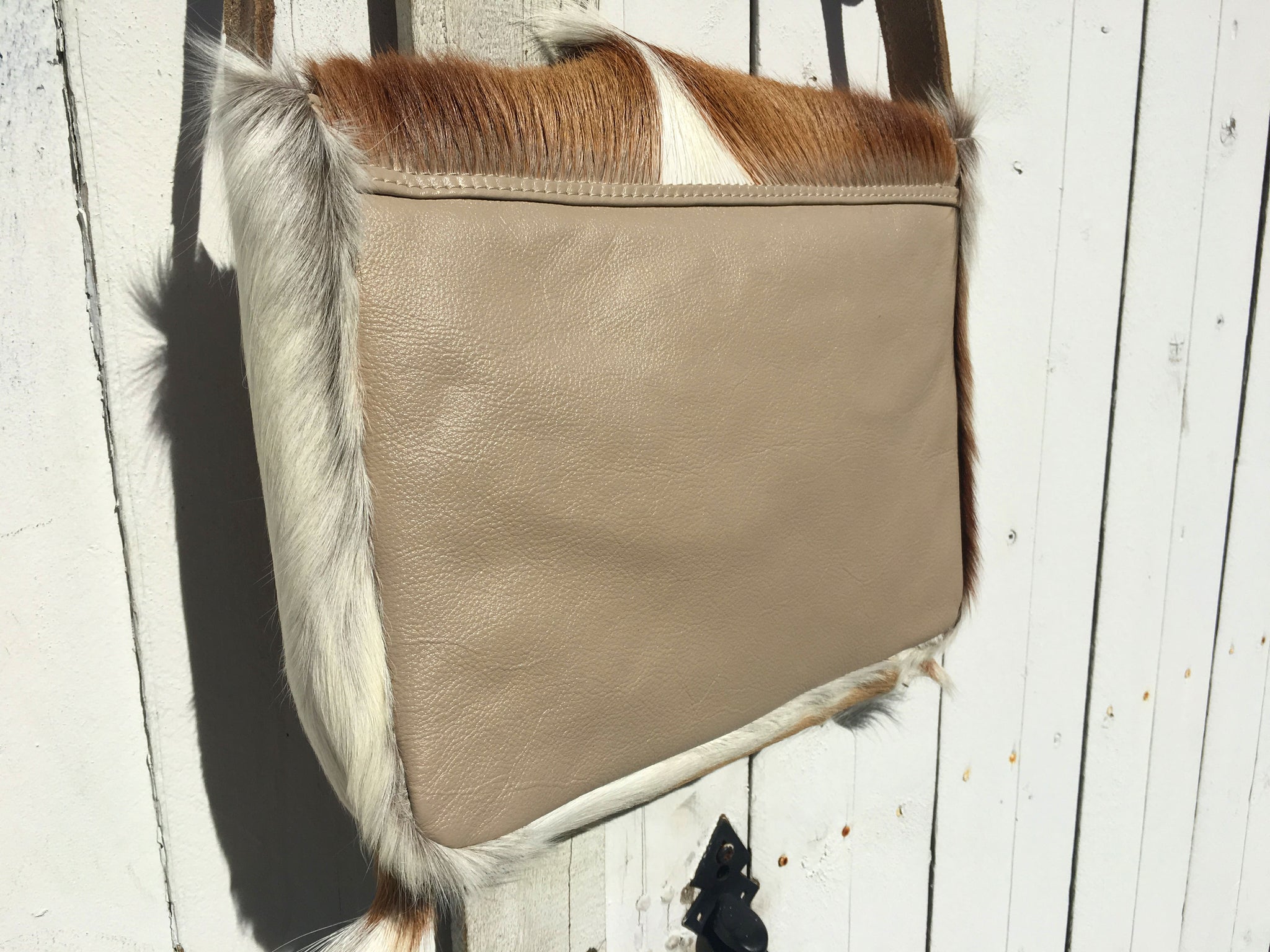 Springbok Antelope Postman Messenger Bag small light brown African bag furry bold vegan leather fur quality handmade handbags tote 