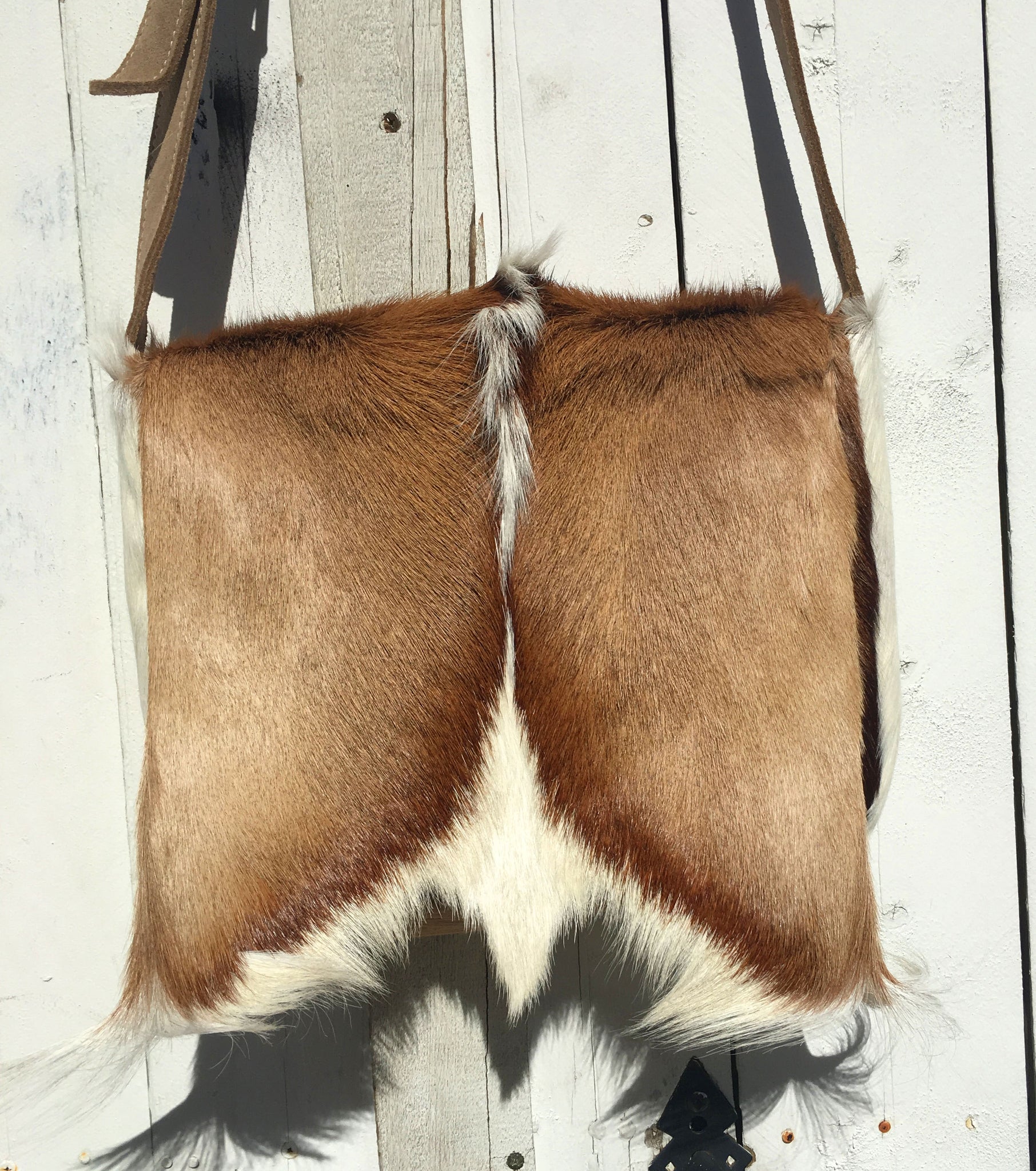 Springbok Antelope Postman Messenger Bag small light brown African bag furry bold vegan leather fur quality handmade handbags tote 