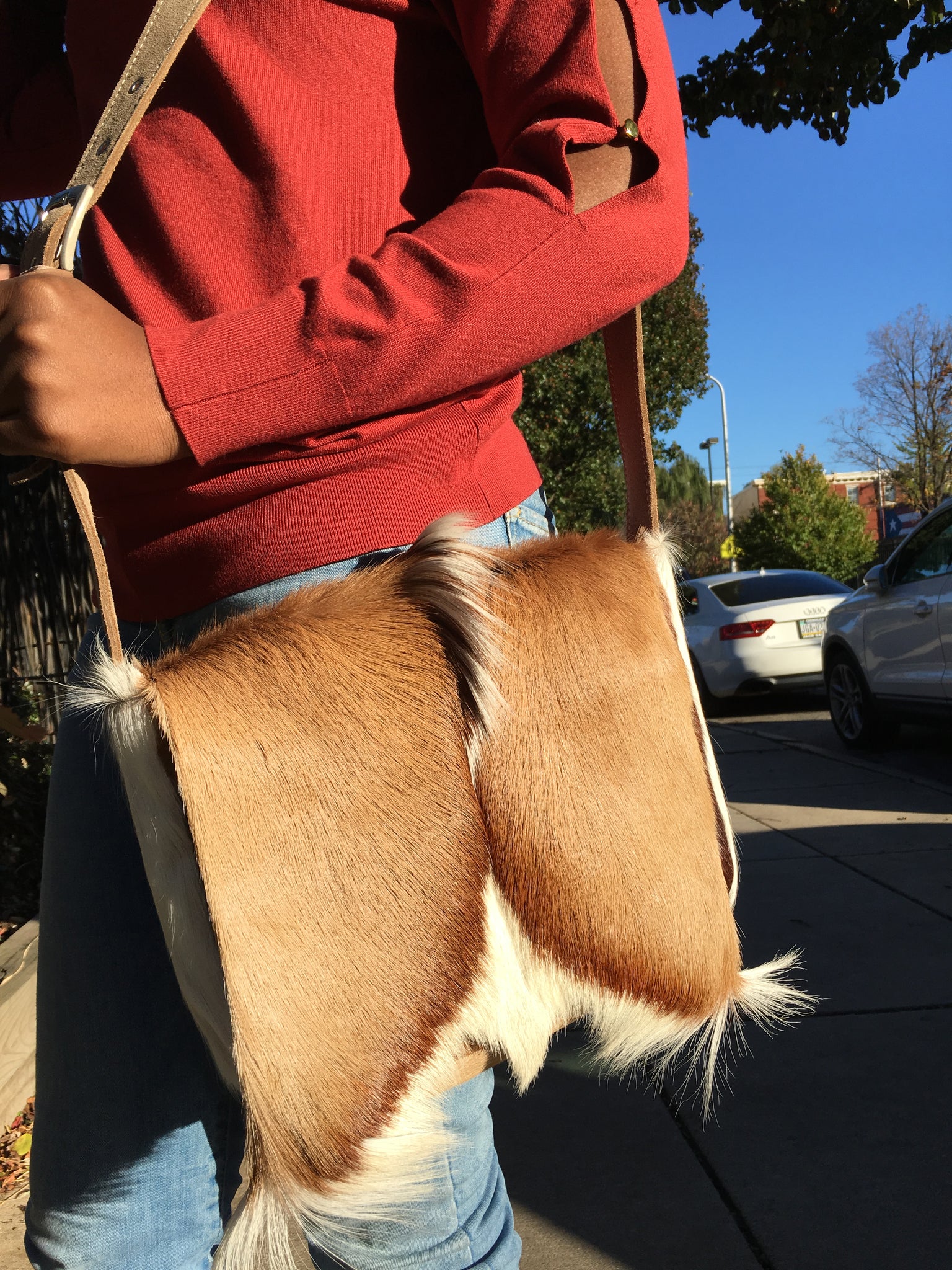 Springbok Antelope Postman Messenger Bag small light brown African bag furry bold vegan leather fur quality handmade handbags tote 